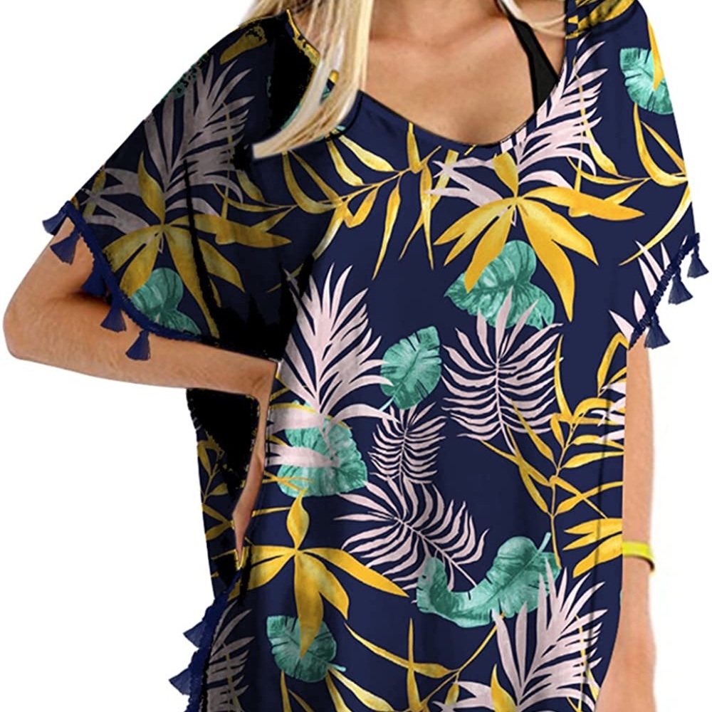 Yincro Navy Blue Tropical Leaf Pattern Beach Swim Coverup